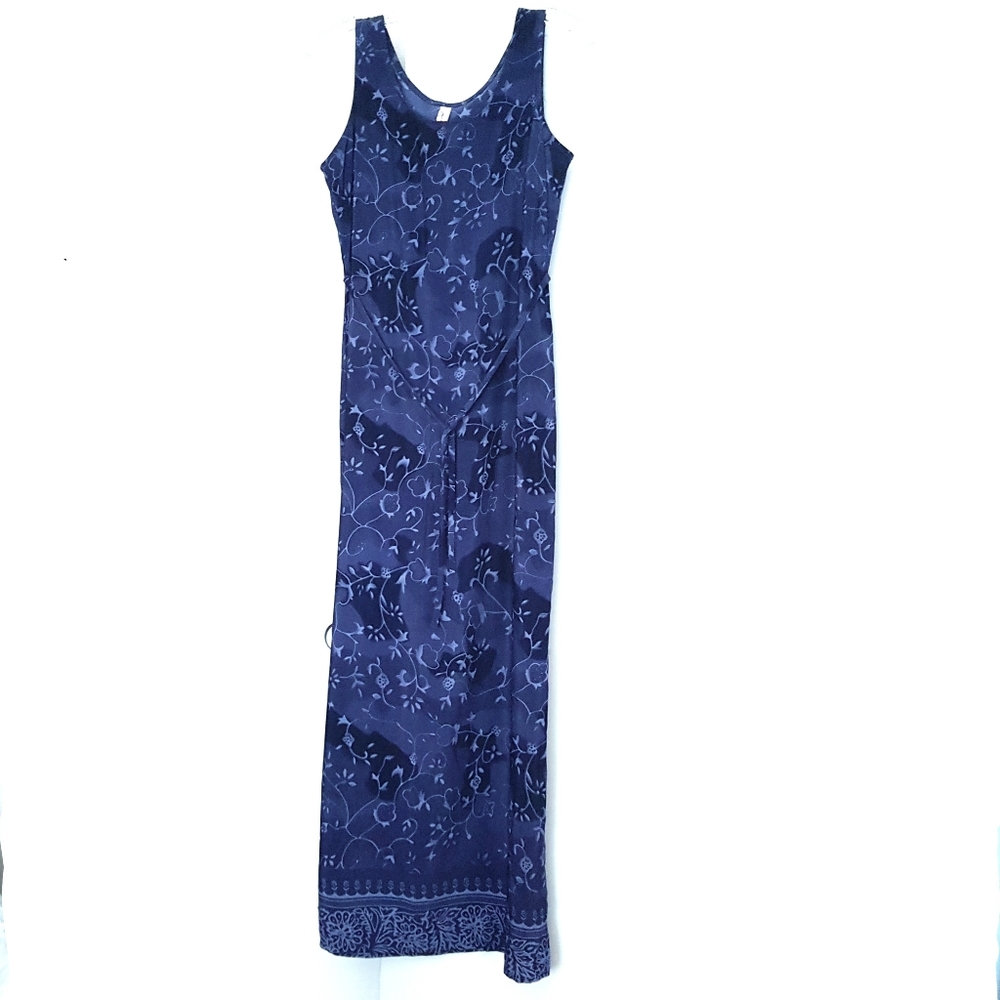 Blue floral maxi dress tie up belt side slit